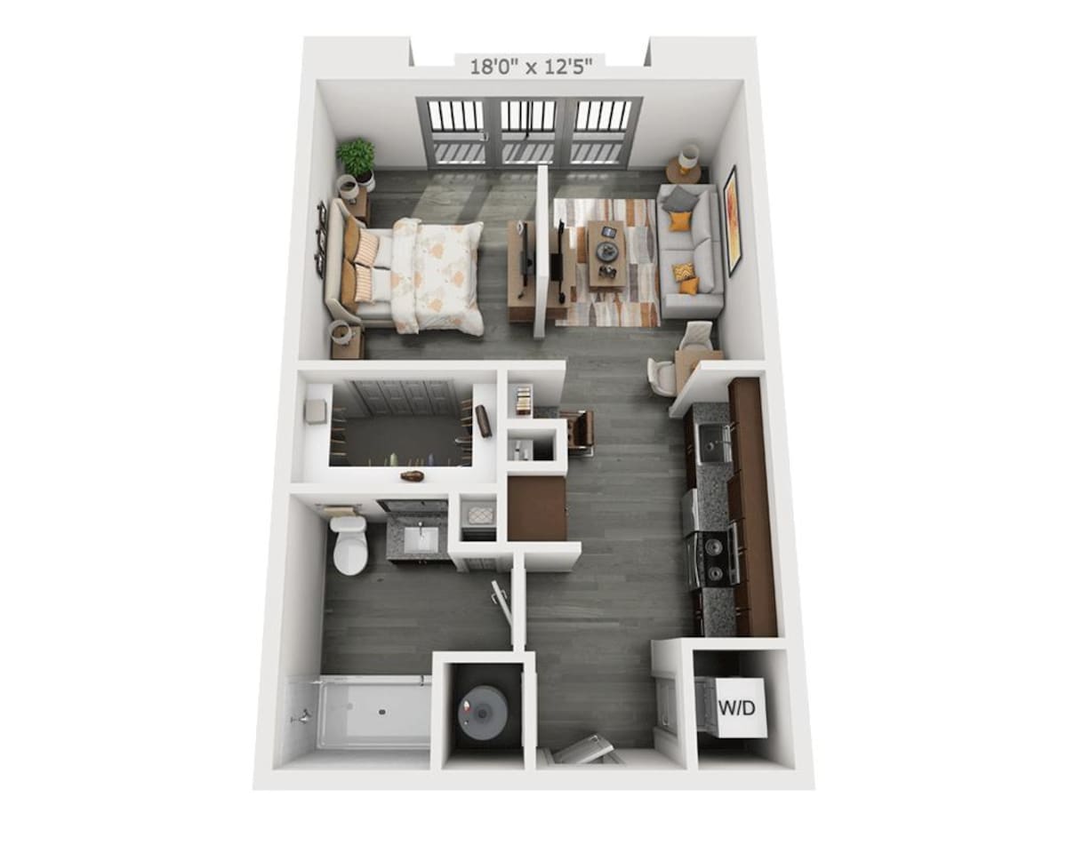 Floorplan diagram for Studio E1B, showing Studio