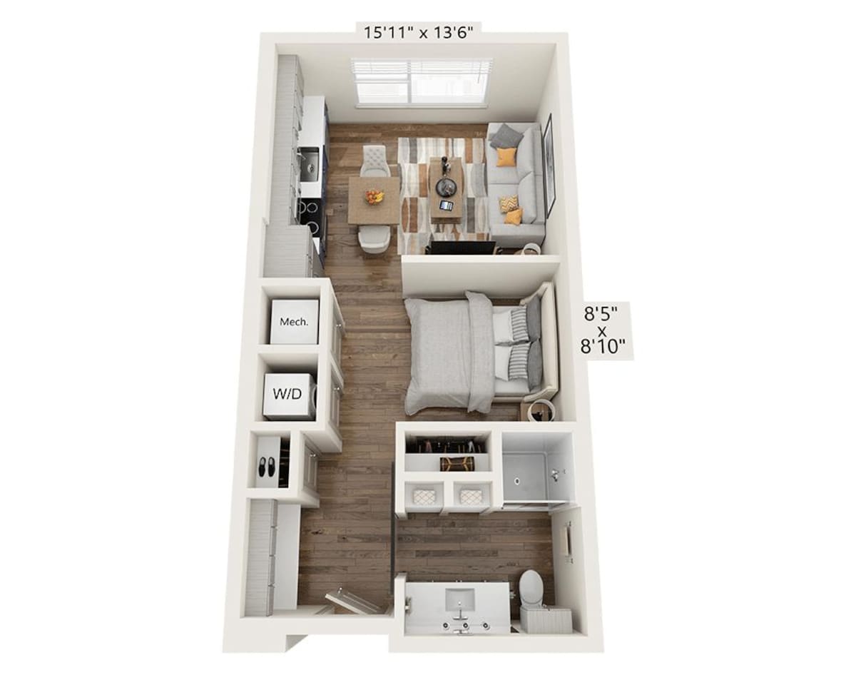 Floorplan diagram for Studio E1B-III, showing Studio