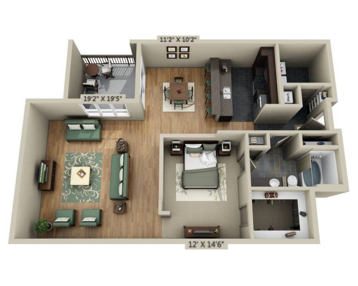 Floorplan diagram for Plan F (A1I), showing 1 bedroom