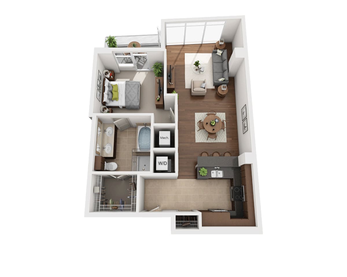 Floorplan diagram for Plan D (A1D), showing 1 bedroom