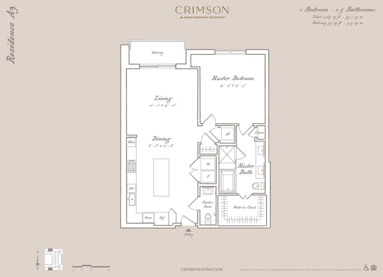 Floorplan diagram for Residence A3, showing 1 bedroom