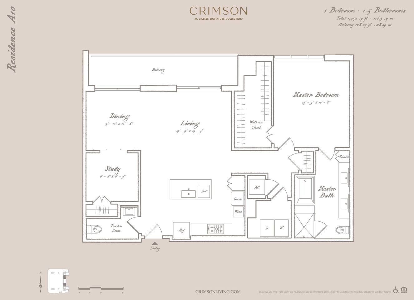 Floorplan diagram for Residence A10 with study, showing 1 bedroom