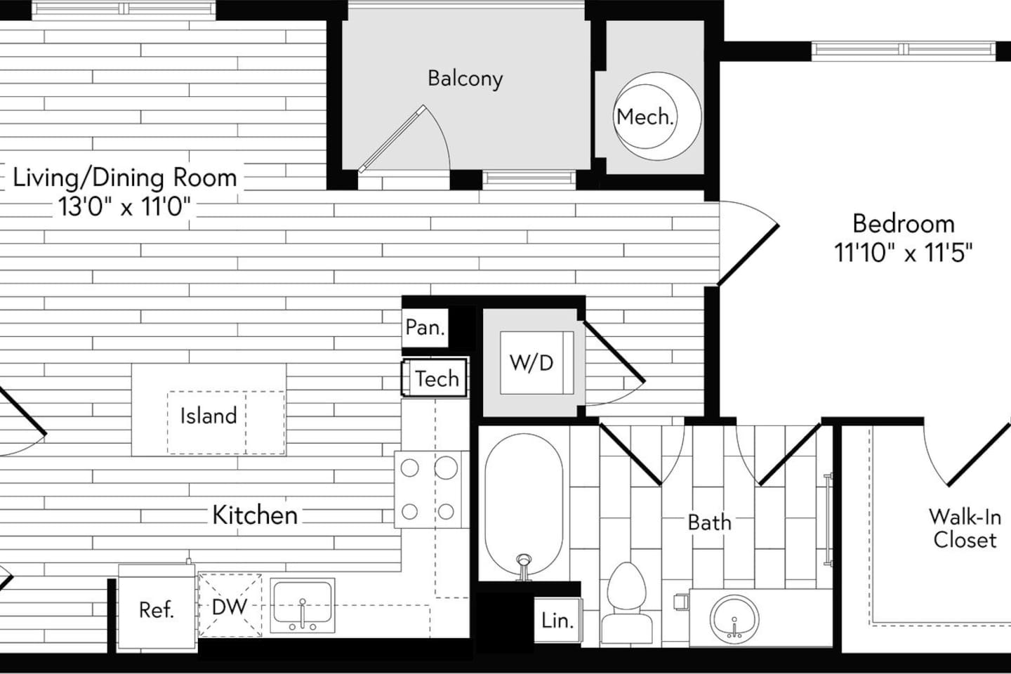 Floorplan diagram for 1A EAST, showing 1 bedroom