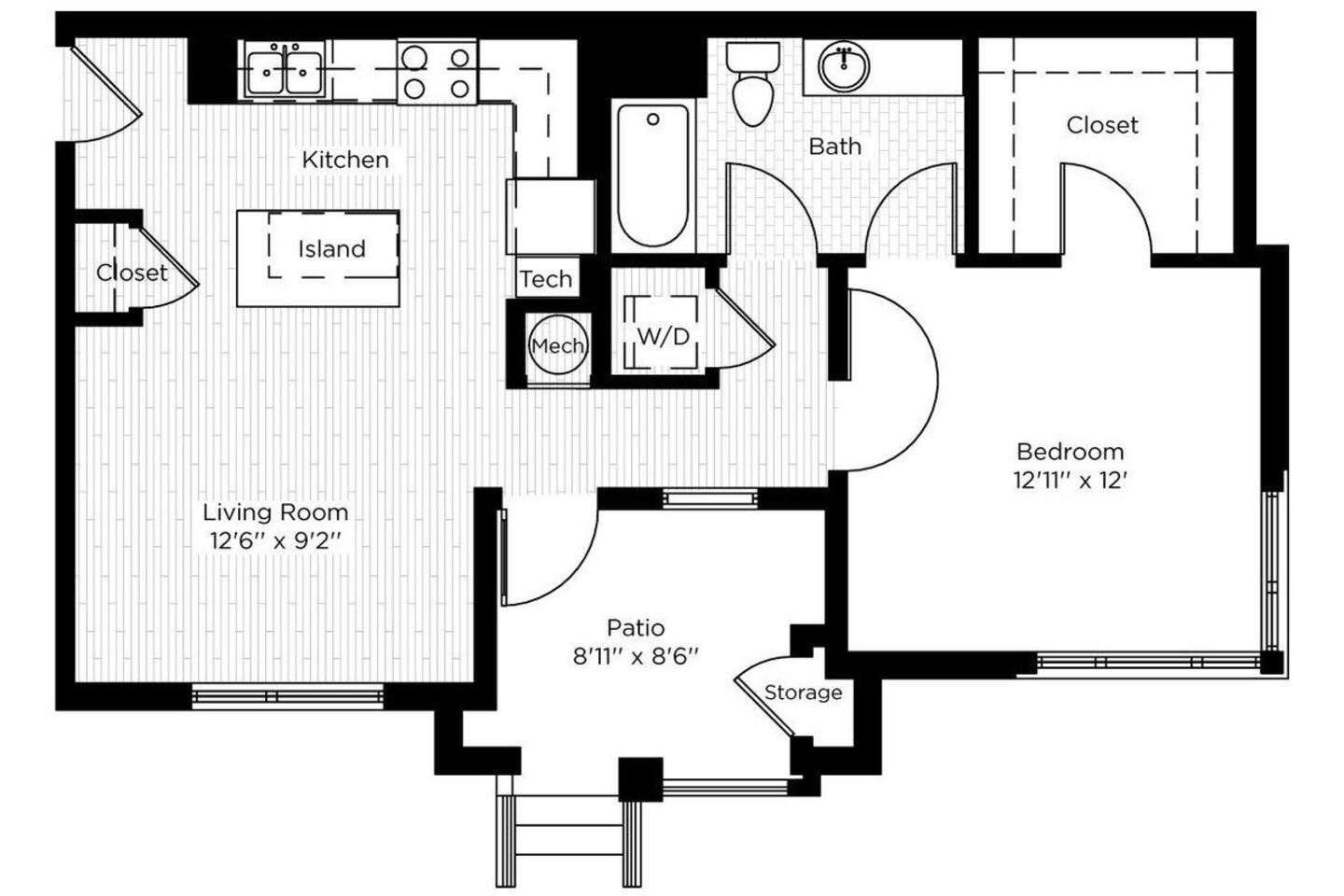 Floorplan diagram for 1BC PATIO WEST , showing 1 bedroom