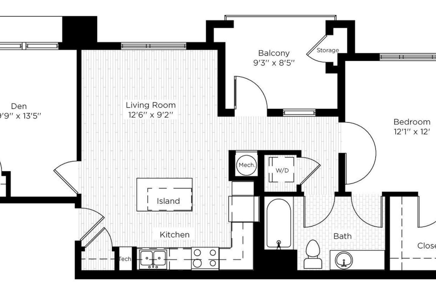 Floorplan diagram for 1 DEN WEST, showing 1 bedroom
