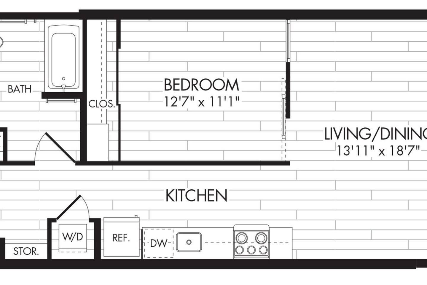 Floorplan diagram for 1E, showing 1 bedroom