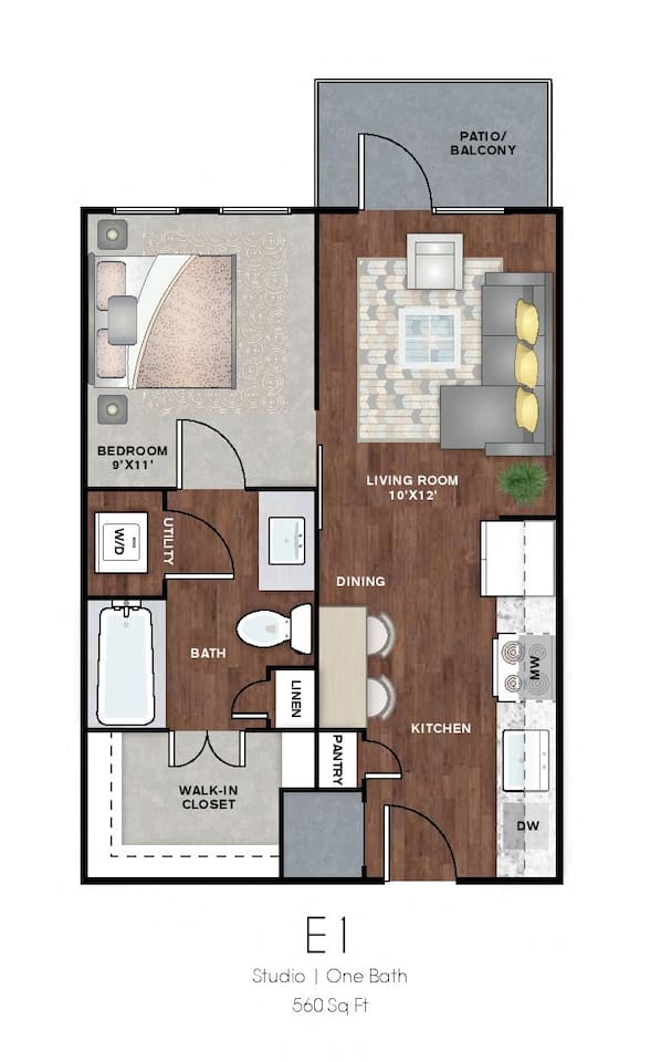 Floorplan diagram for E1, showing 1 bedroom