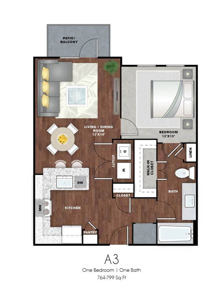 Floorplan diagram for A3, showing 1 bedroom