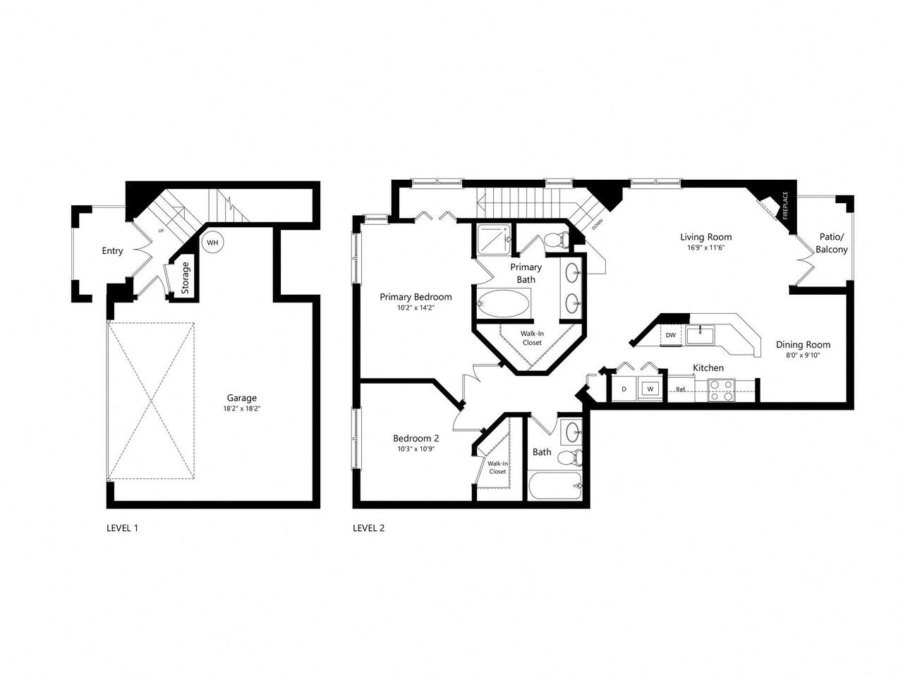 Floorplan diagram for 2 bed 2 Bath- 1240 Sq Ft Townhome, showing 2 bedroom