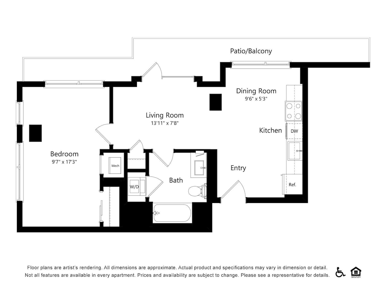 Floorplan diagram for B52, showing 1 bedroom