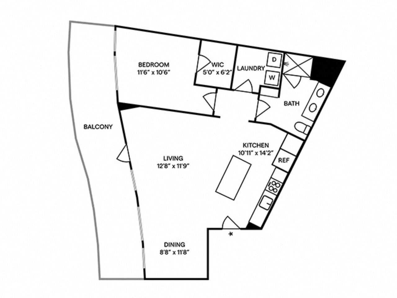 Floorplan diagram for A12, showing 1 bedroom