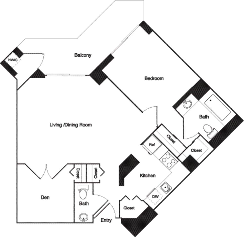 Floorplan diagram for Evergreen + Den Renovated, showing 1 bedroom