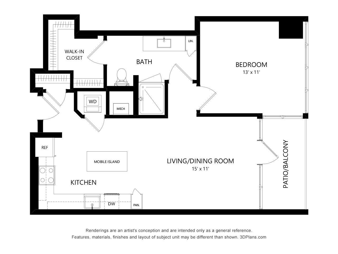 Floorplan diagram for TOWER A1, showing 1 bedroom