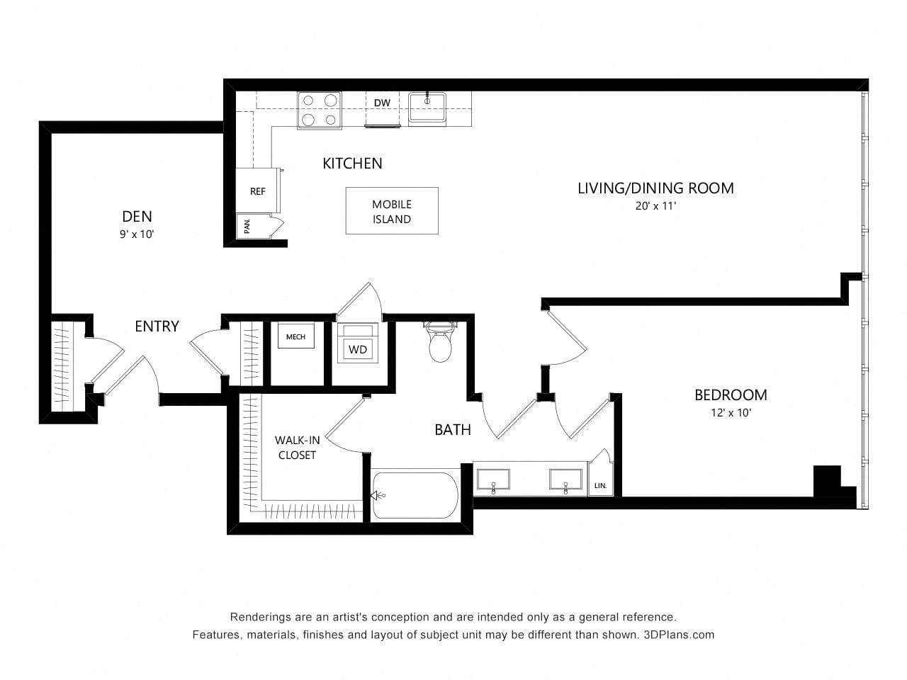 Floorplan diagram for TOWER A3B, showing 1 bedroom