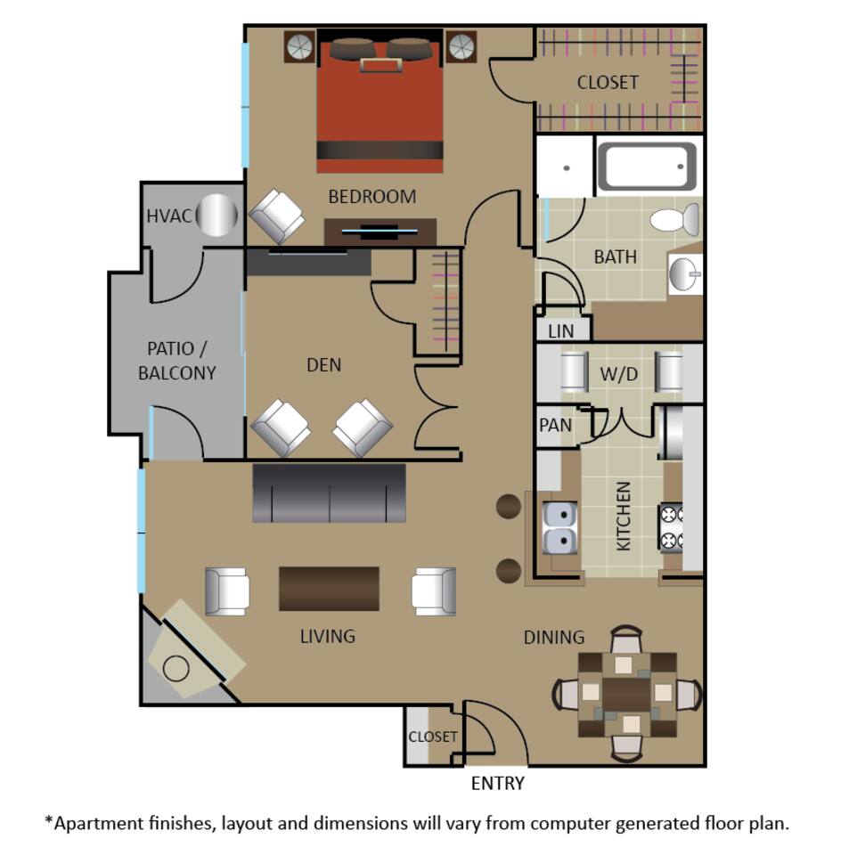 Floorplan diagram for B + DEN, showing 1 bedroom