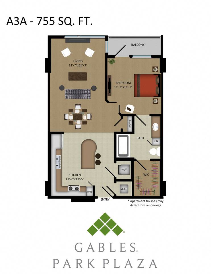 Floorplan diagram for A3A, showing 1 bedroom