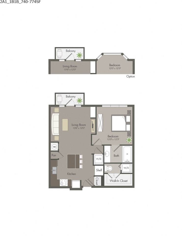 Floorplan diagram for 2A1, showing 1 bedroom