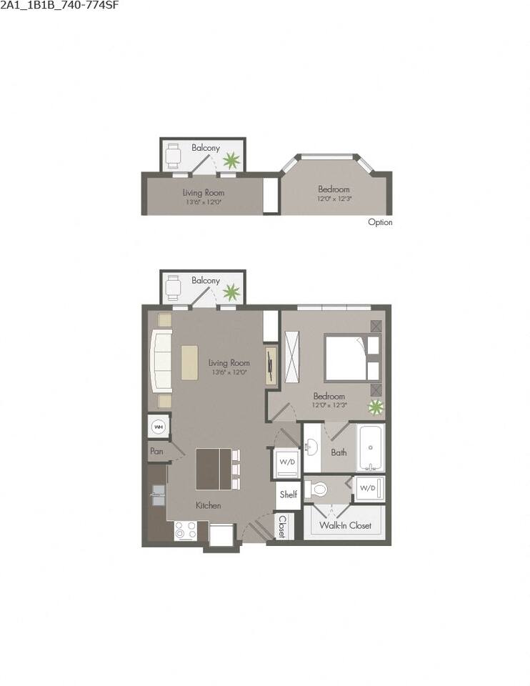 Floorplan diagram for 2A1A, showing 1 bedroom