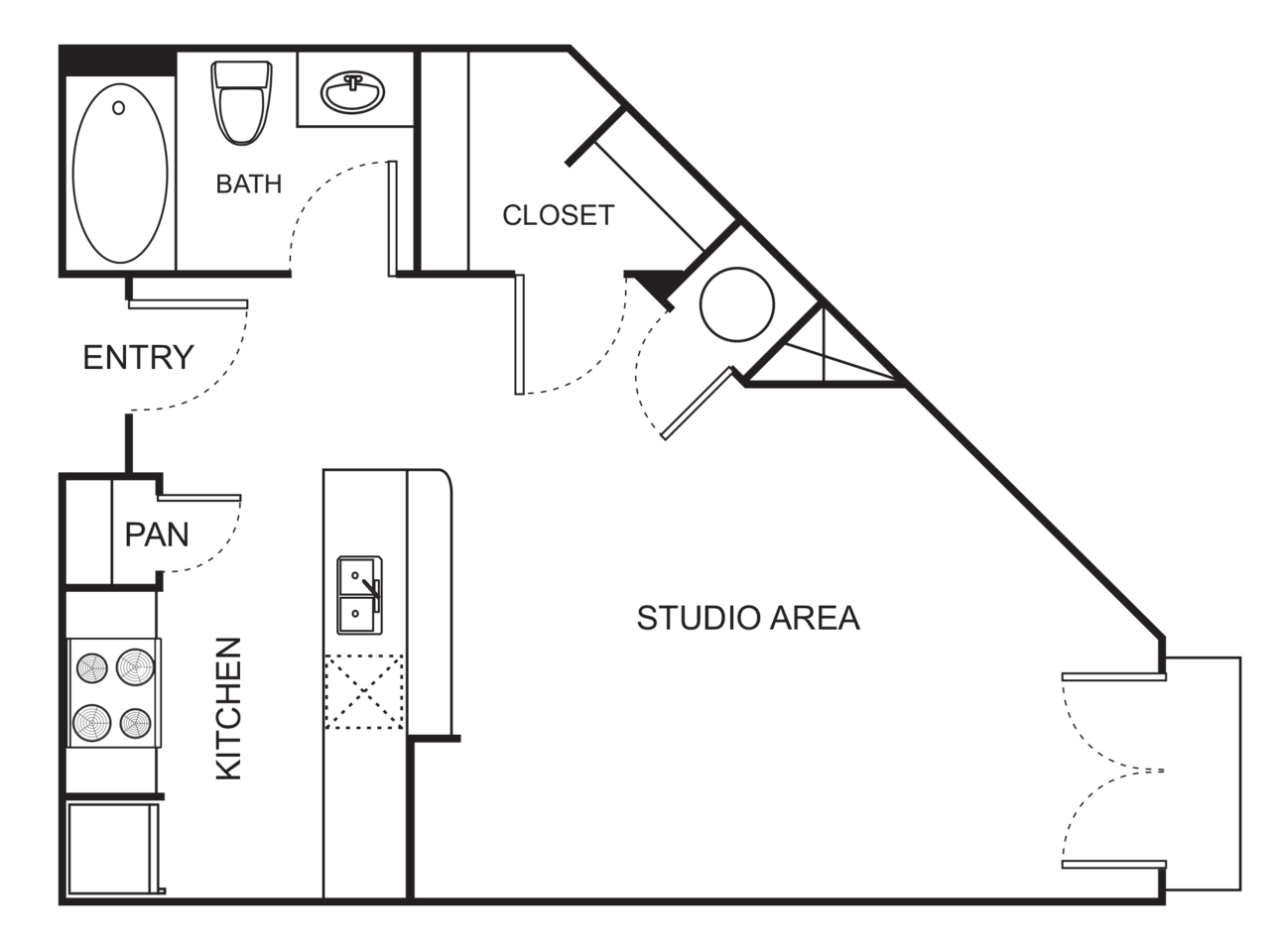 Floorplan diagram for E1-A Studio Harmony, showing Studio