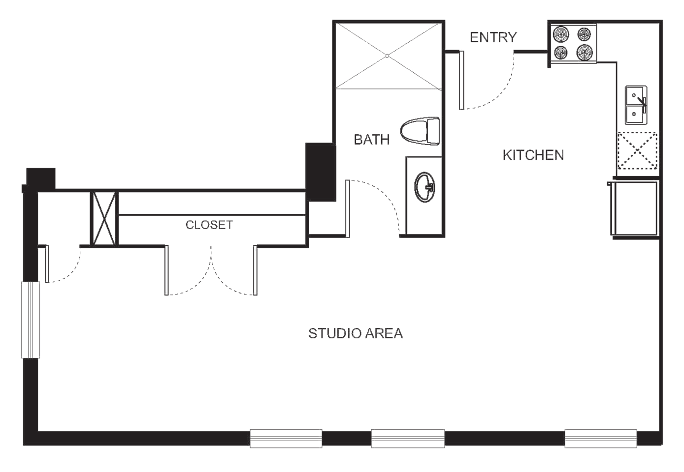 Floorplan diagram for Indi 1 Studio, showing Studio