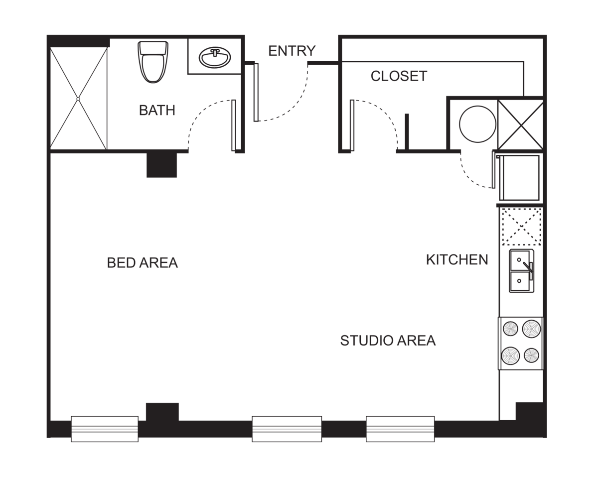 Floorplan diagram for Indi 2-F Studio, showing Studio