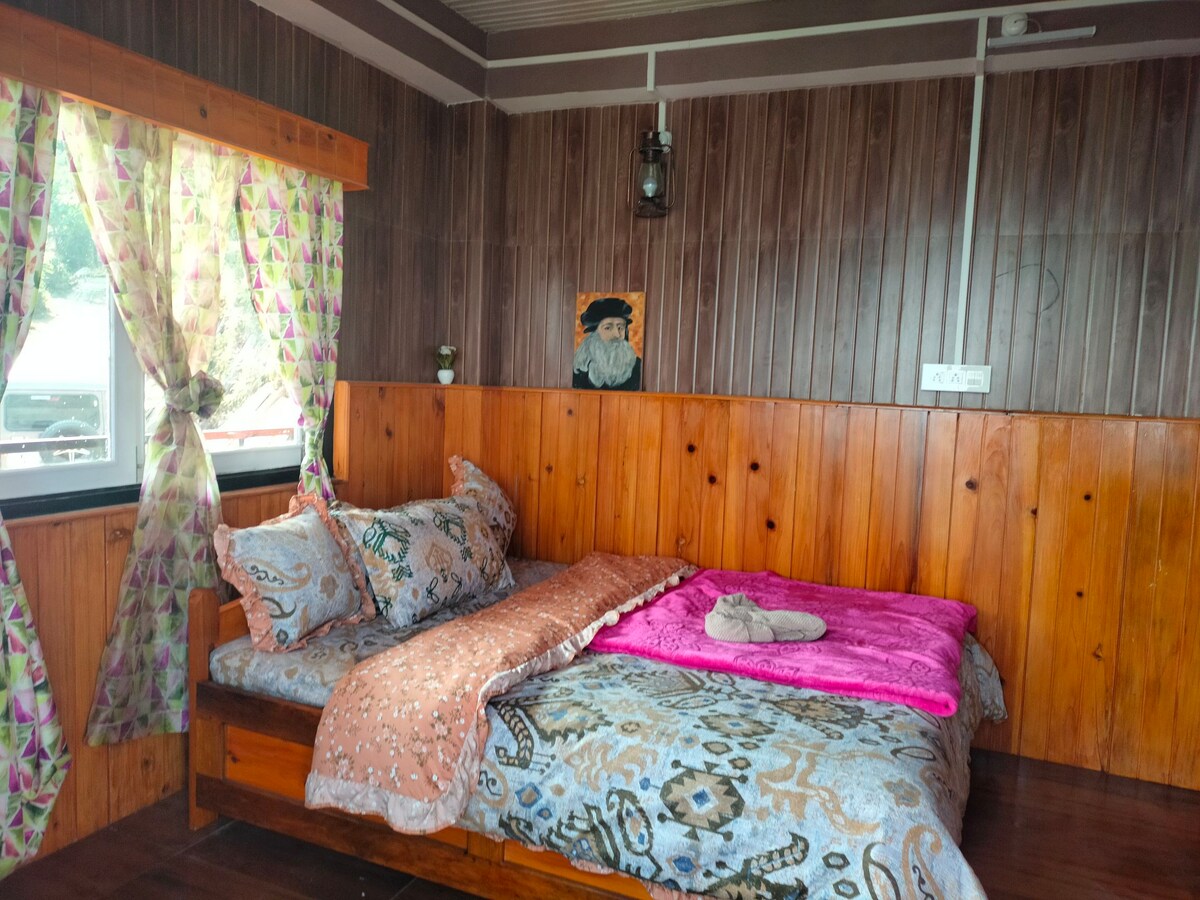 Wooden antic room with balcony.