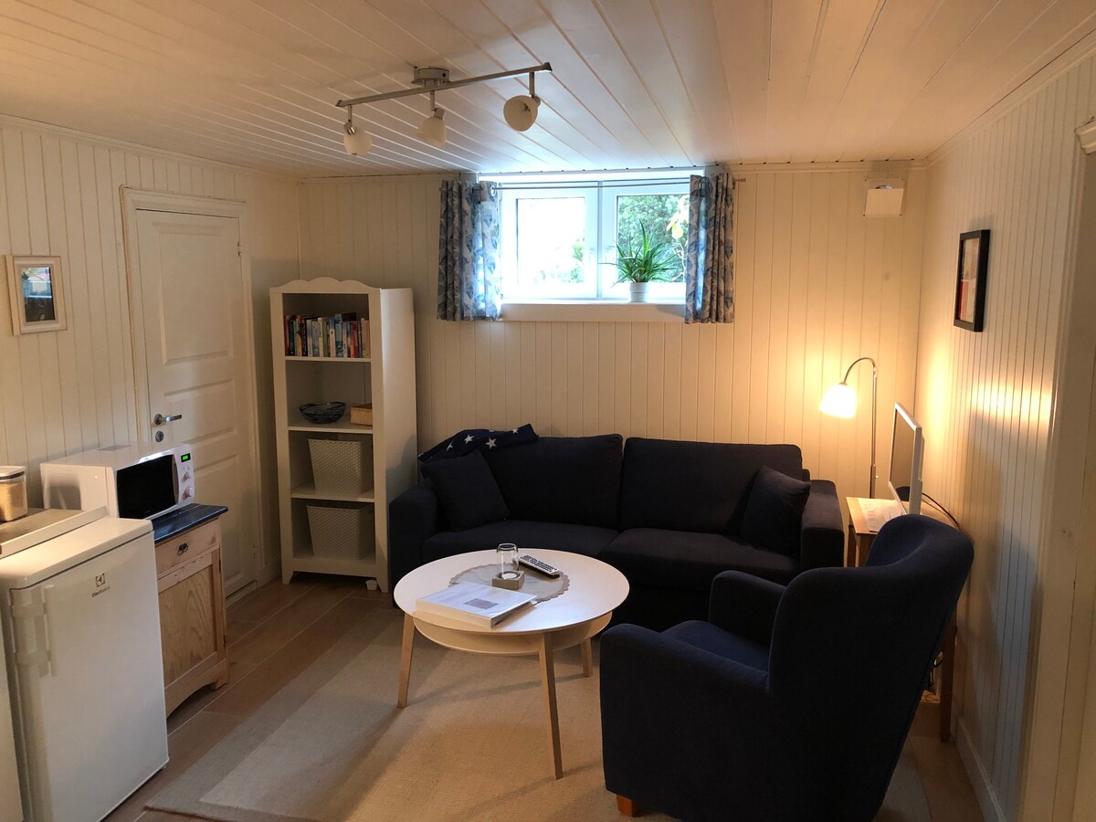 位于Kråkerøy的市中心地下室公寓，带花园