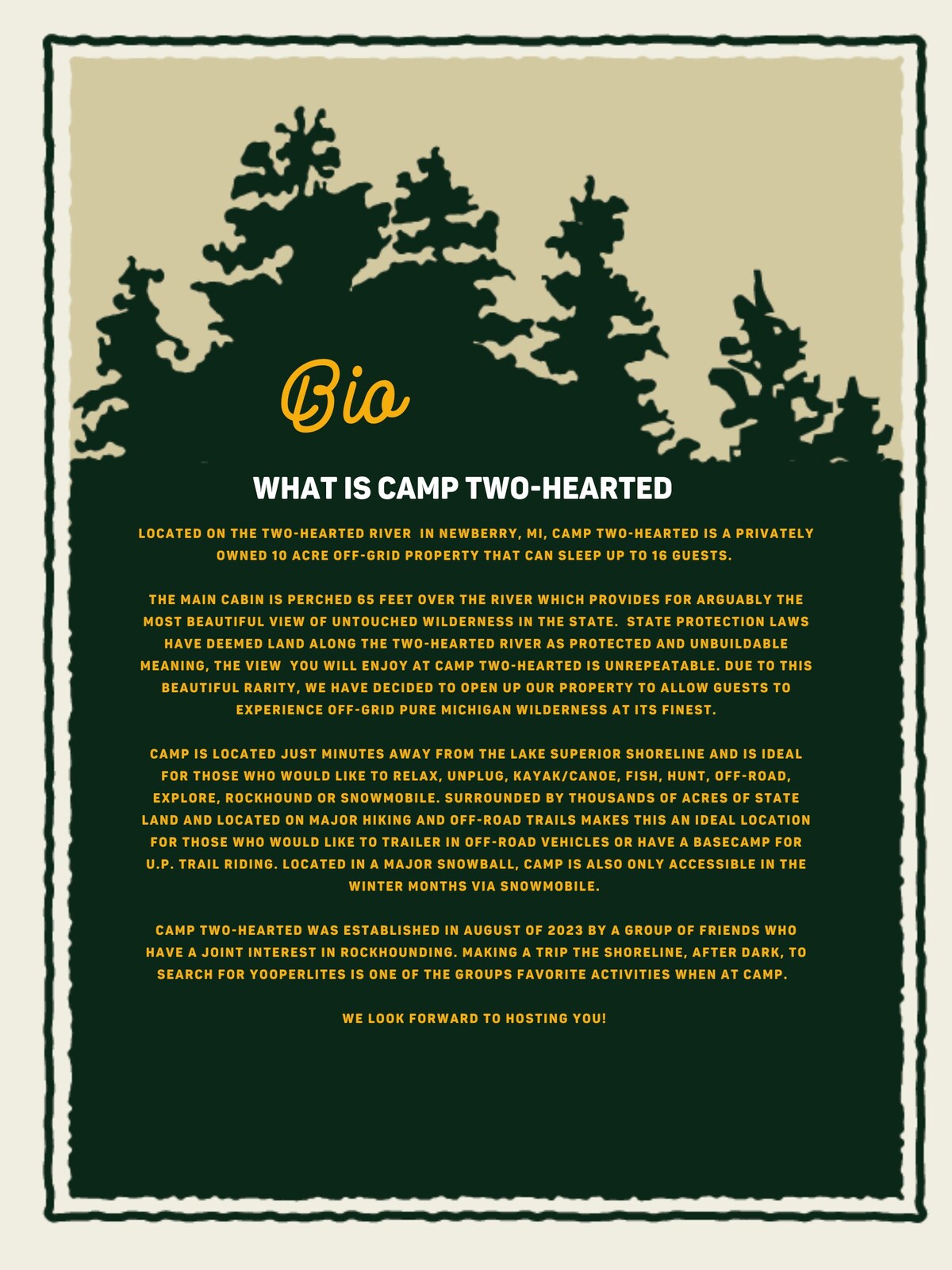Camp Two Hearted- Off-Grid & Riverfront Base Camp