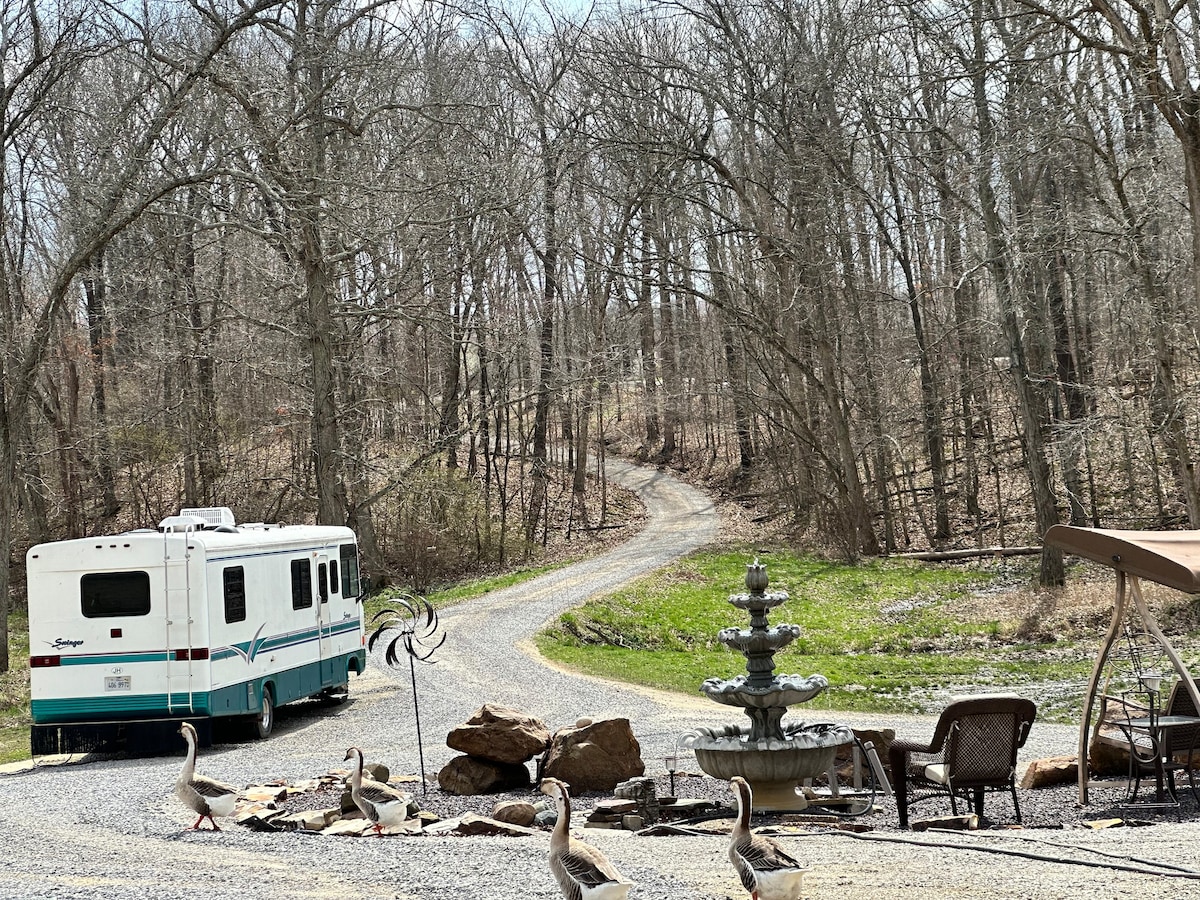 Class A RV fully setup on our 50 acre farm