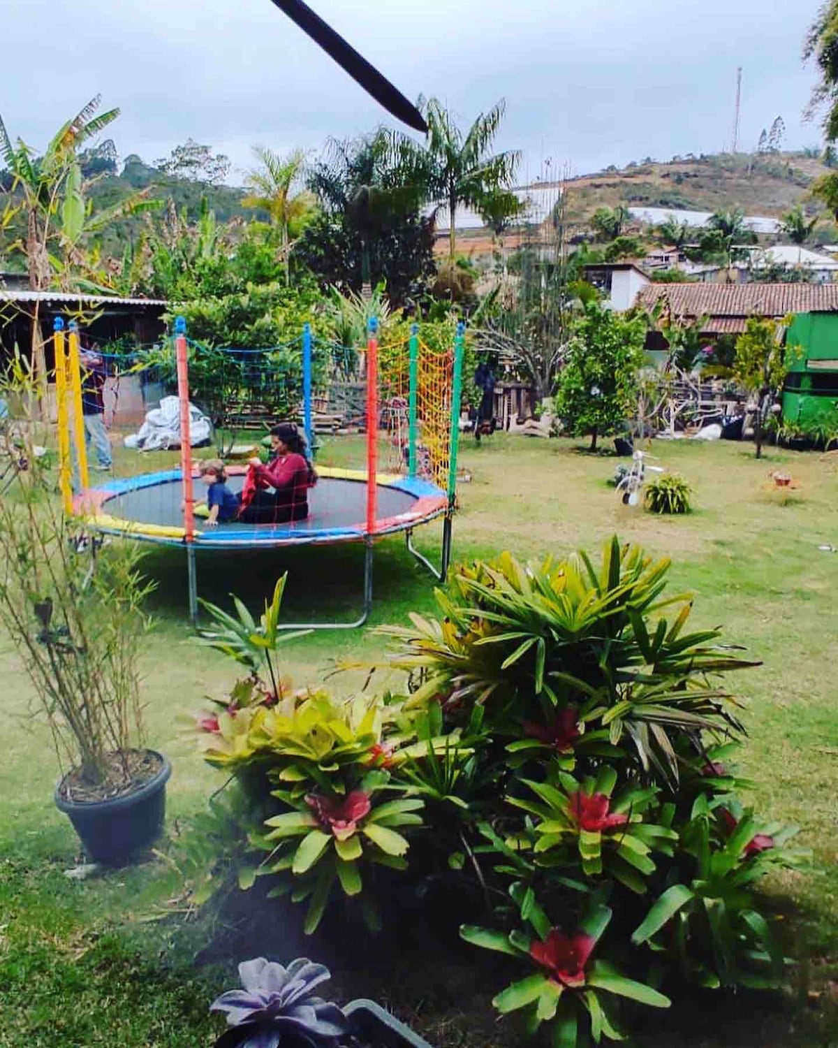 Casa rural com lareira e fogão a lenha e natureza.