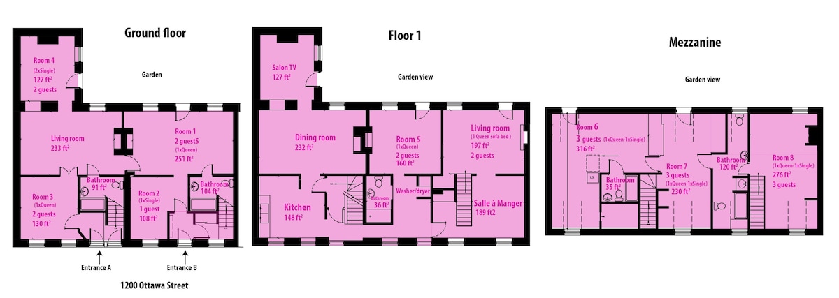 宽敞的独立房屋（ 6至8间卧室）。