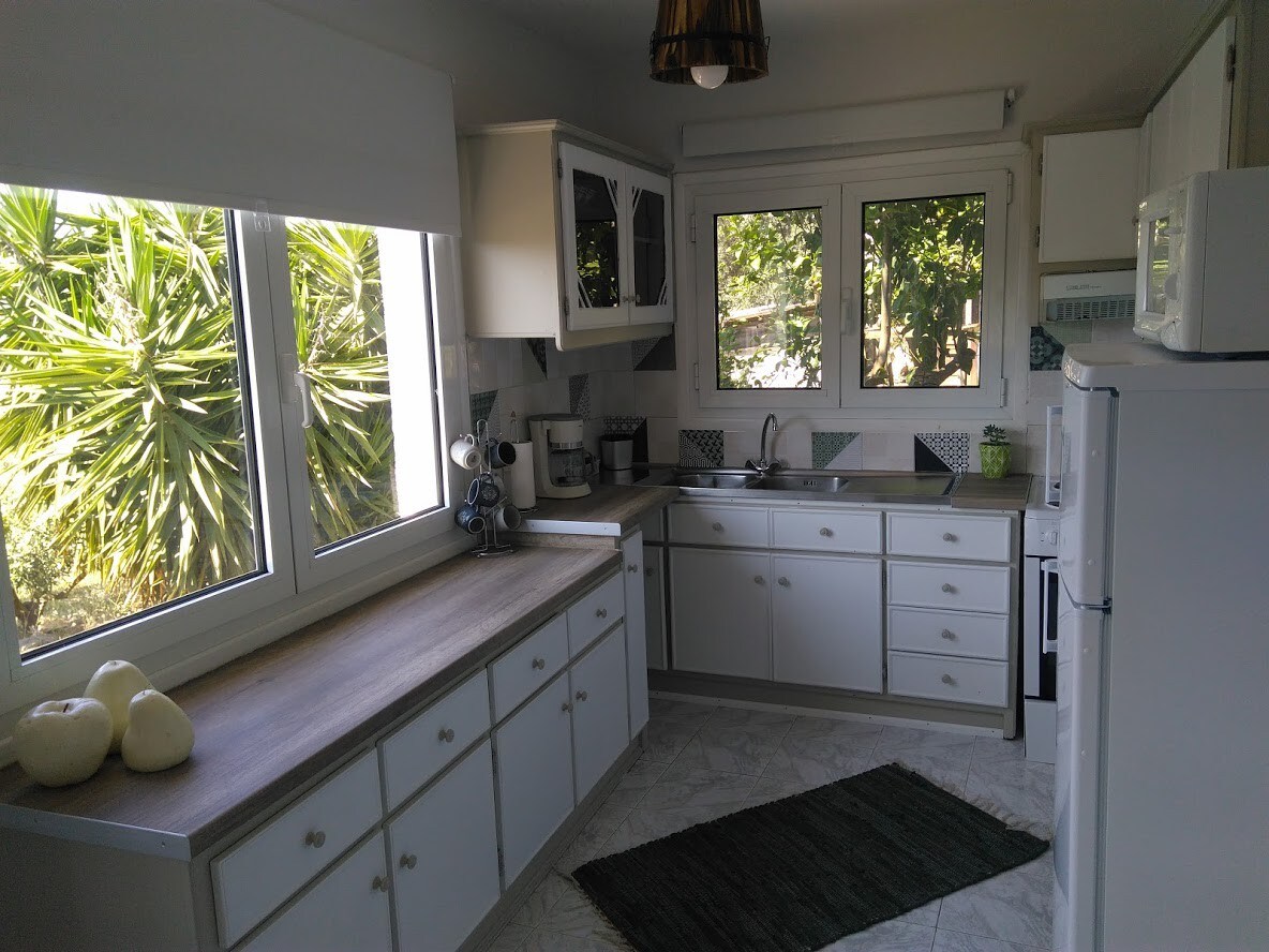 House with fruit trees, olive trees, and sea view.