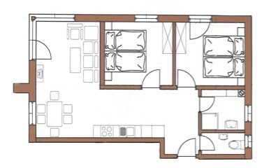 公寓面积60平方米，可供4人入住， 2间卧室