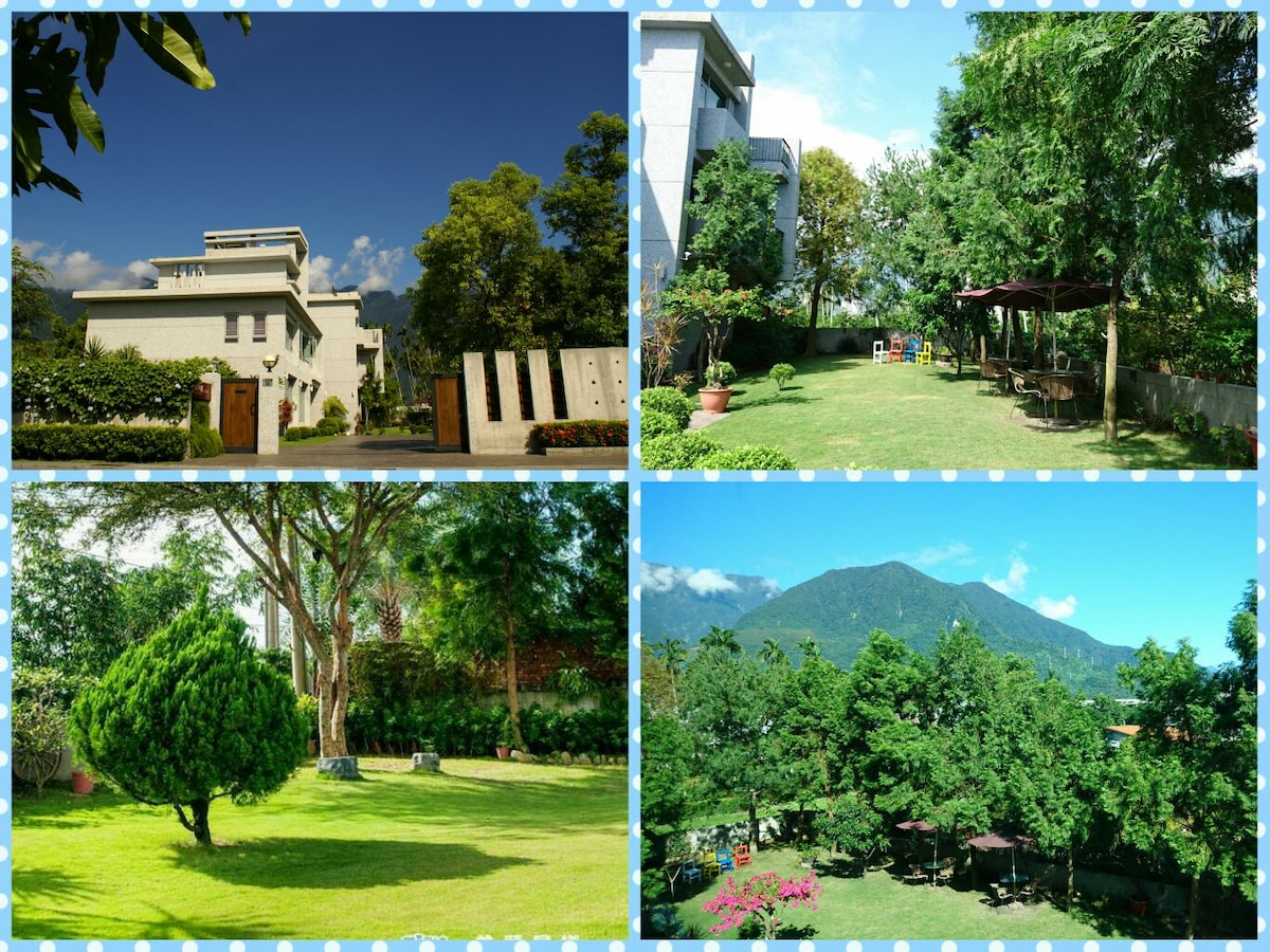 舒適二人山景房,大片綠地花園民宿,含早餐,近花蓮火車站,可接車,可停車