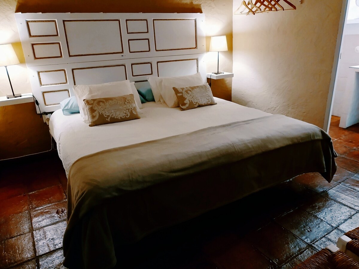 位于旧宫殿的舒适双人床，配备独立卫生间