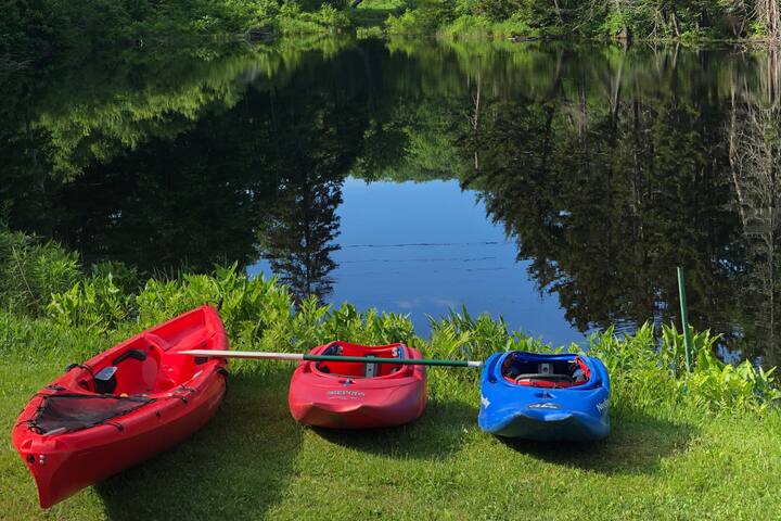 small pond with kayaks available.
