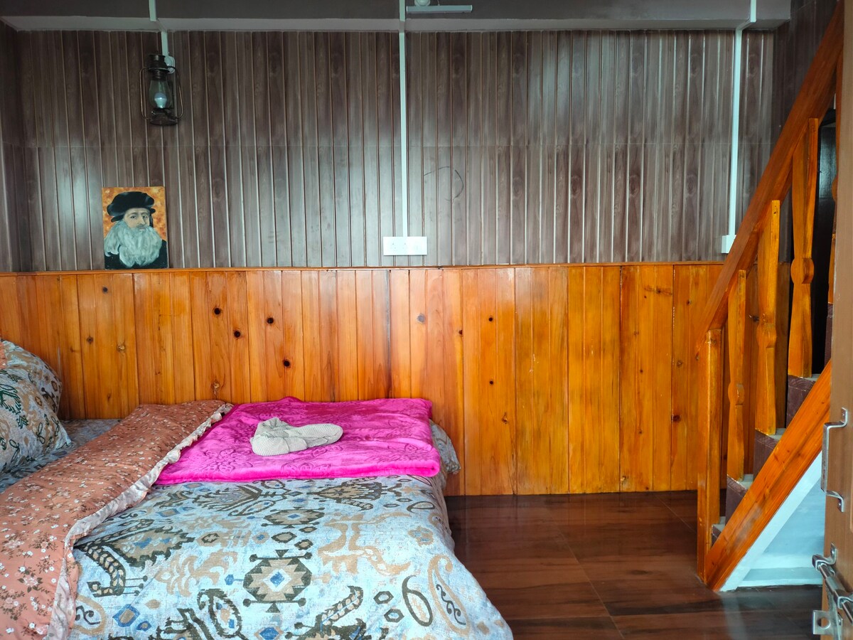 Wooden antic room with balcony.