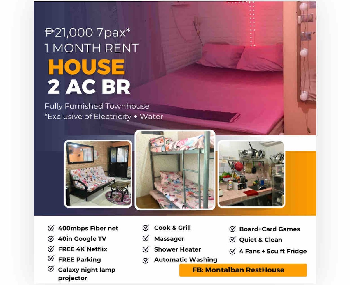 1 Month Rent 7pax 2 AC BR House 400mbps + Netflix