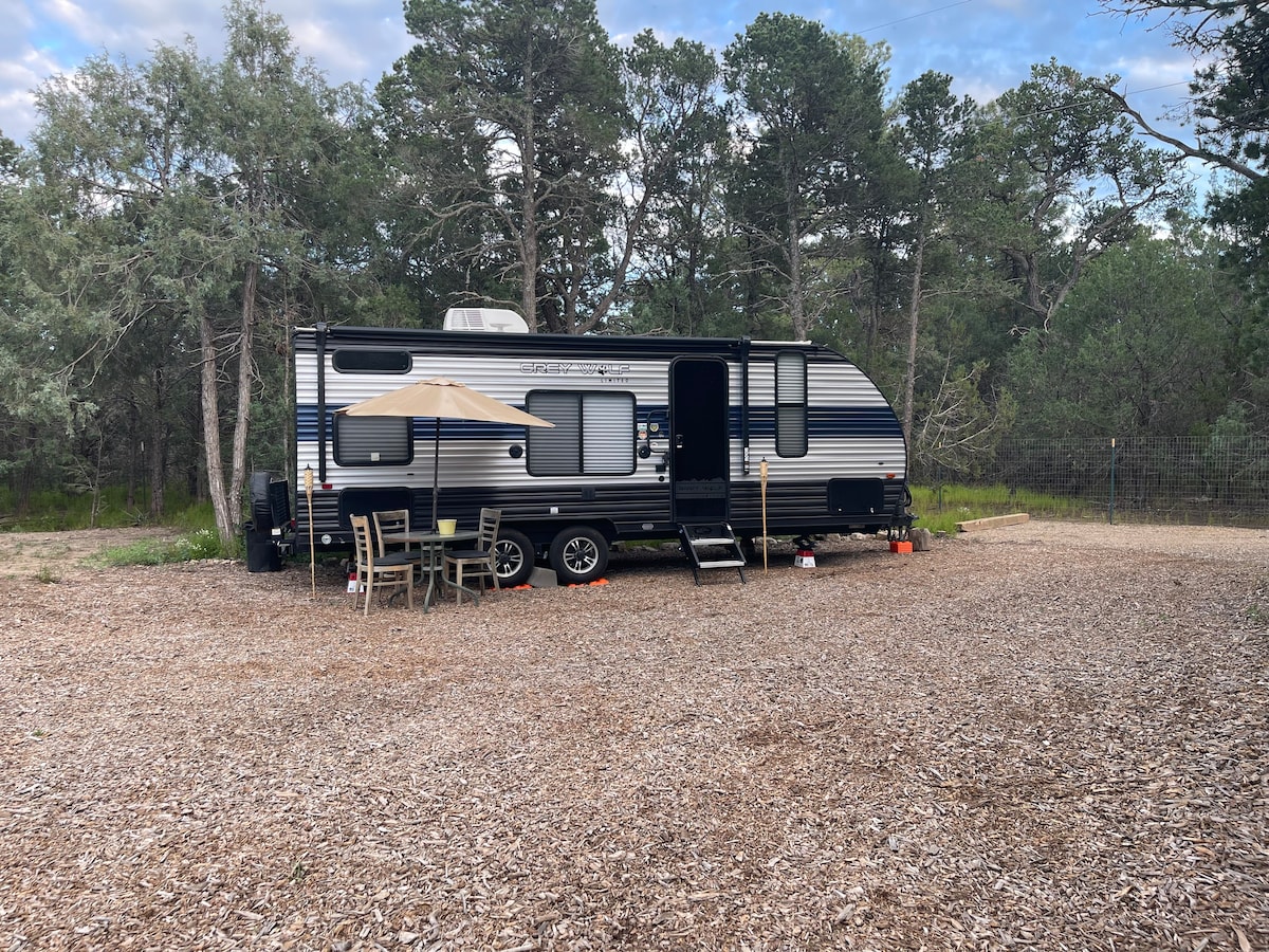 Blissful camper trailer tucked in the forest