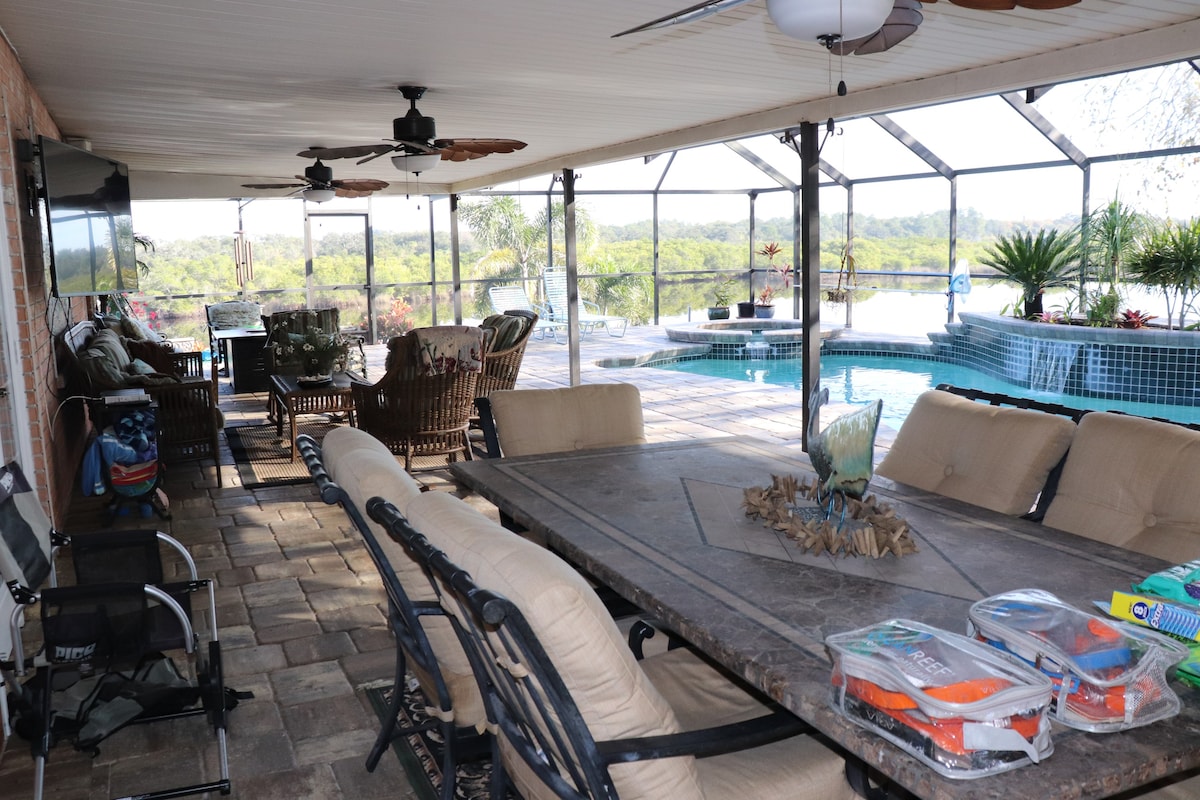 Large home with pool, 2.5 acres, 400’ waterfront.