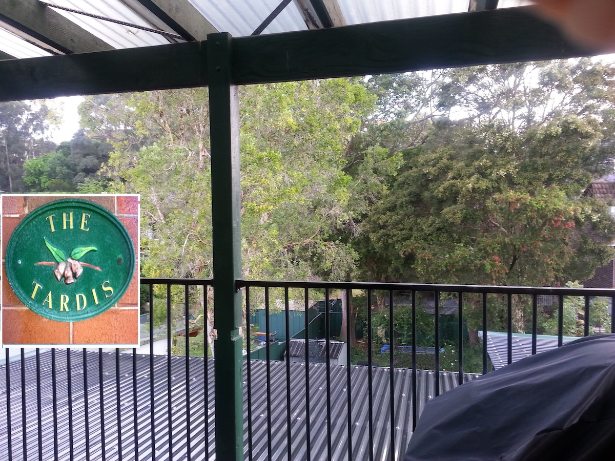 宽敞的绿树成荫的阳台，带烧烤设施。绝佳位置。