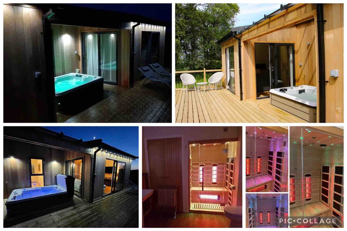 浪漫豪华度假屋，带顶棚的热水浴缸和桑拿房
