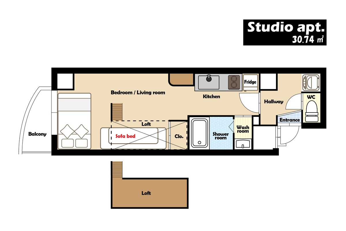 GH21 距广岛车站1.4km。宽敞一室型房间。舒适柔软大床。附厨房、餐具。可自行烹调