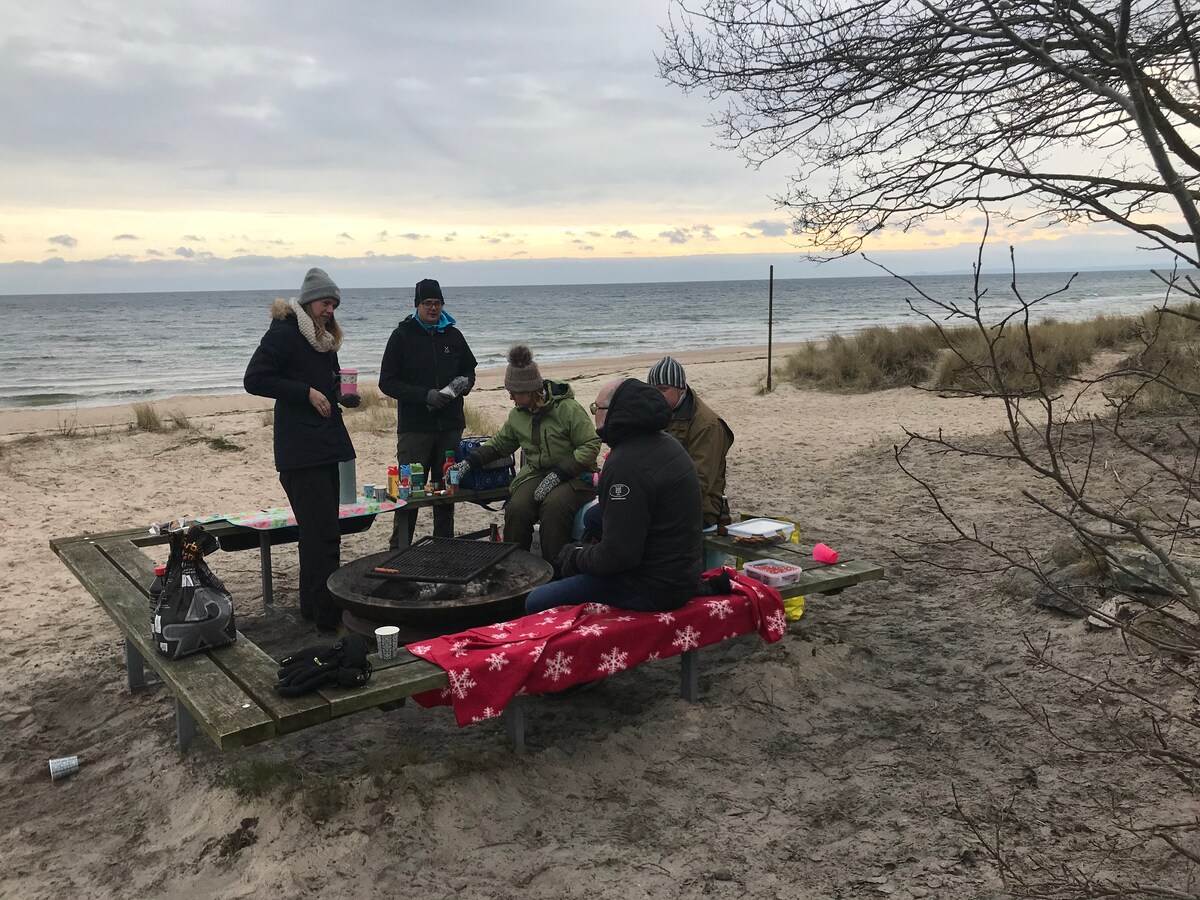 Stuga på naturtomt nära hav och sandstrand.