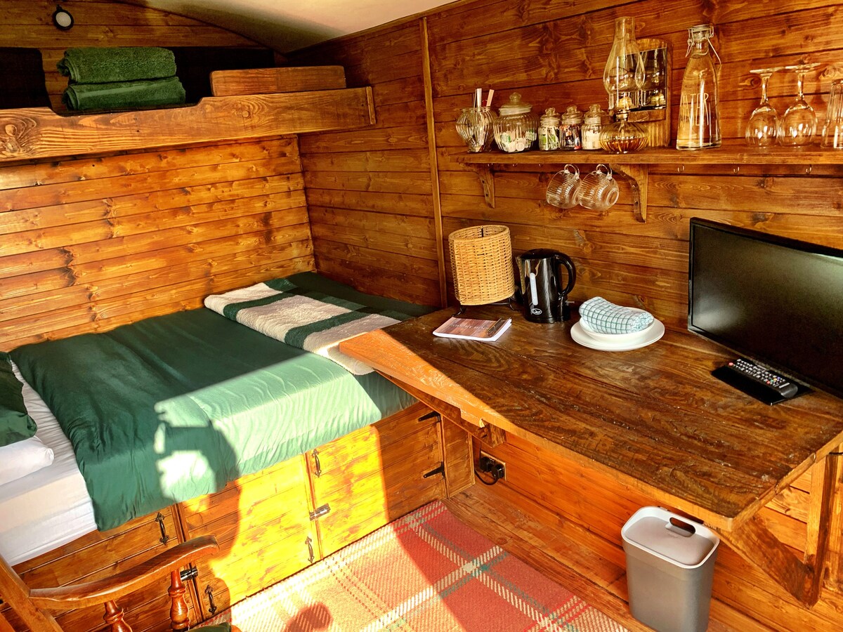 Cosy authentic Shepherds Hut, and all amenities.
