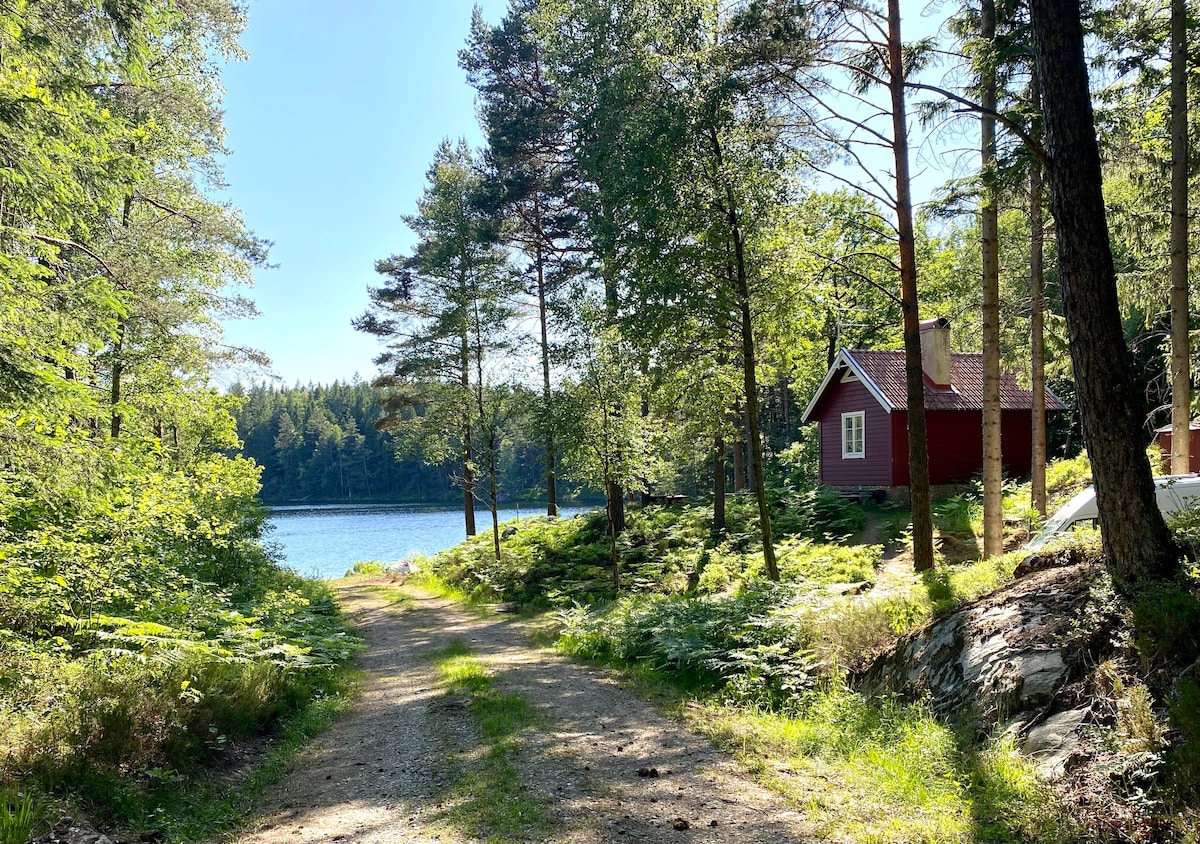 Mysig stuga i skogen med sjöläge