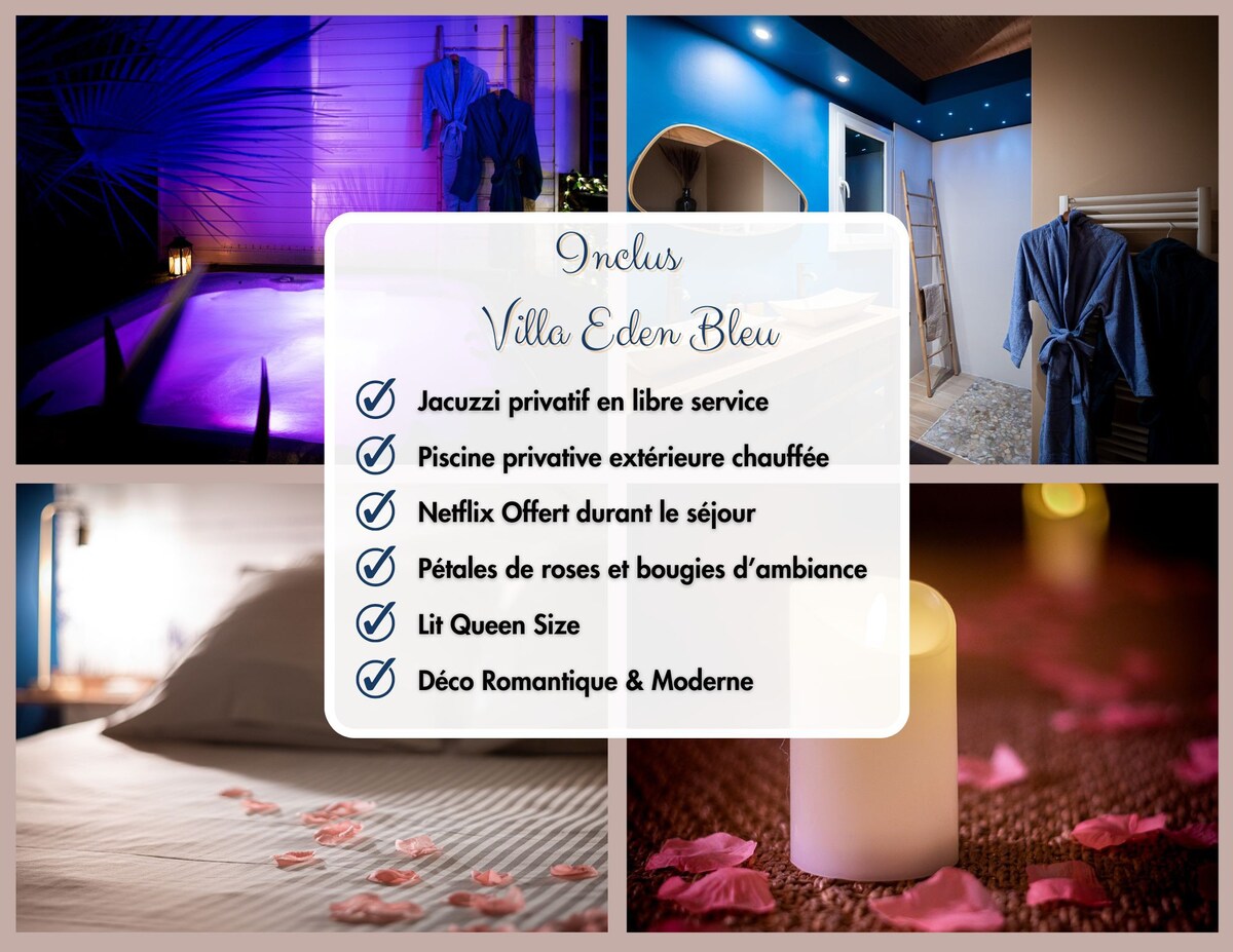 Romance, bougies, pétales, piscine et jacuzzi