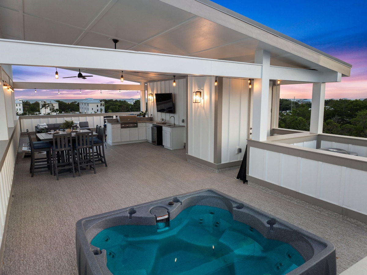 New! 30A w Rooftop Hot Tub w Gulf View, Golf Cart!