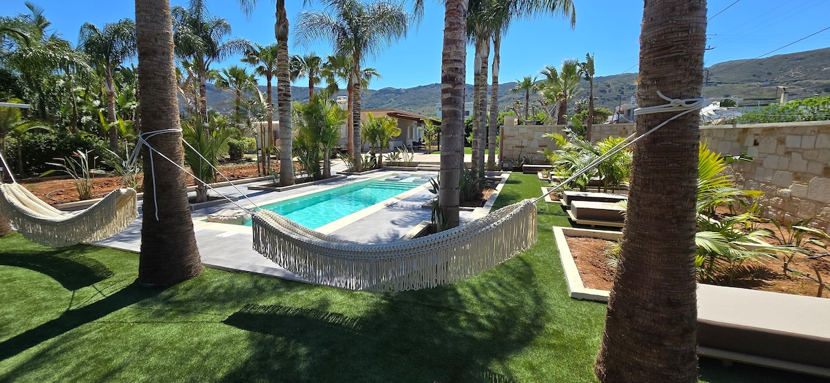 棕榈树中的热带花园私人泳池