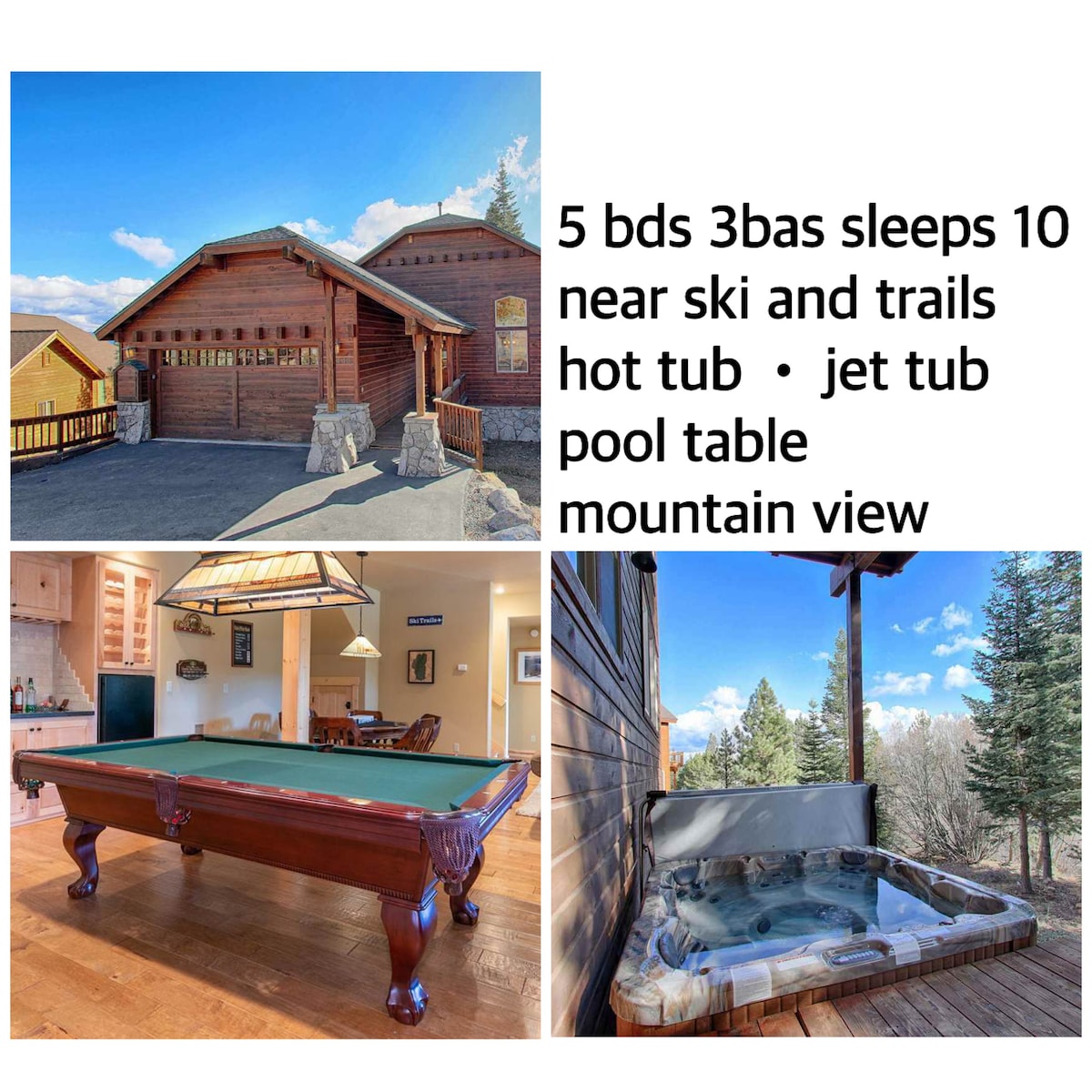 5Bds3Ba ，可睡10人热水浴缸台球桌山景